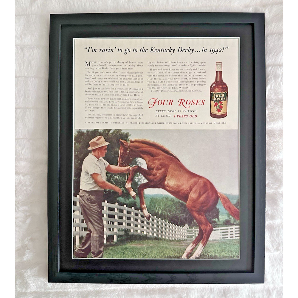 Framed 1939 Four Roses Whiskey Man & Horse Rarin' for Kentucky Derby Print Ad
